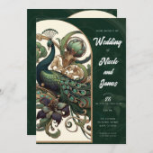 アールヌーボーグリーンエメラルドヴィンテージピーコッ結婚クス 招待状 (正面/裏面)