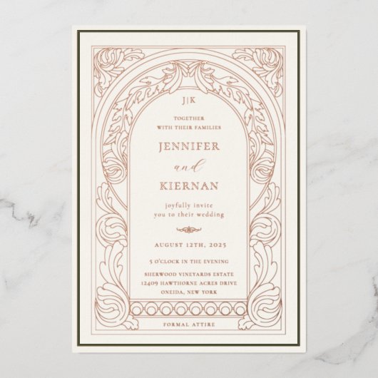 アールヌーボーグリーンリー結婚アーチ 箔招待状 (正面)