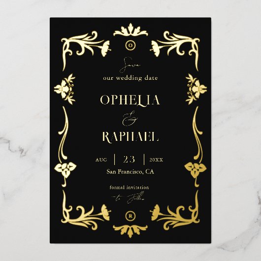 アールヌーボーゴールドフォイル結婚式の日付カードを保存 箔招待状 (正面)