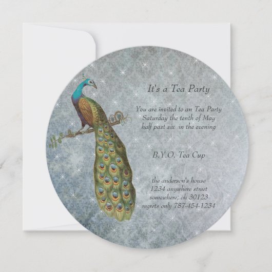 アールヌーボーシルバーメタリックピーコックティーパーティー 招待状 (正面)