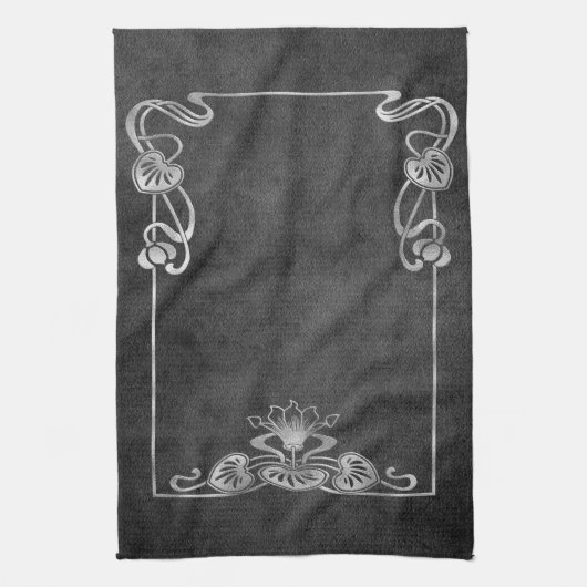 アールヌーボースエードエレガントルシルバーグレーロータス キッチンタオル (縦)