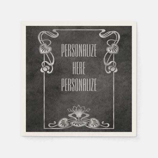 アールヌーボースエードエレガントルシルバーグレーロータス スタンダードカクテルナプキン (正面)