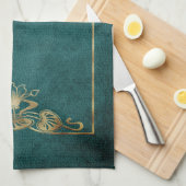 アールヌーボースエードエレガント金ゴールドグリーンロータス キッチンタオル (四つ折り)