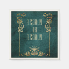 アールヌーボースエードエレガント金ゴールドグリーンロータス スタンダードカクテルナプキン