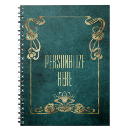 アールヌーボースエードエレガント金ゴールドグリーンロータス ノートブック