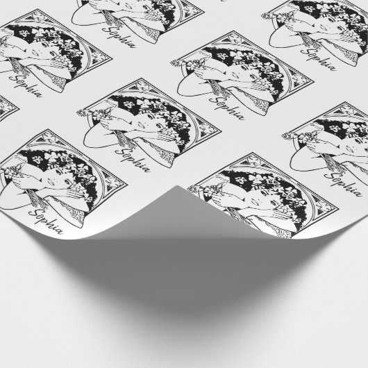 アールヌーボースタイルシャムロックガールアート白黒 ラッピングペーパー (角)