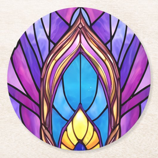 アールヌーボースタイルステンドグラス孔雀フェザー ラウンドペーパーコースター (正面)