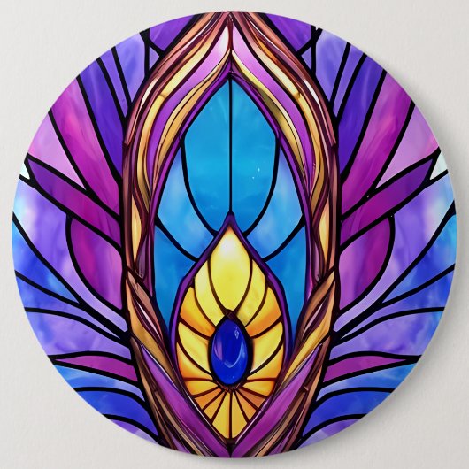 アールヌーボースタイルステンドグラス孔雀フェザー 缶バッジ (正面)