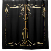 アールヌーボースタイルフェイク金ゴールドフローラデコールオンブラック シャワーカーテン (正面)