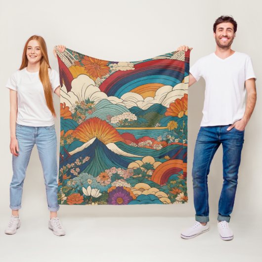 アールヌーボースタイルマウンテンスカイフローラ風景 フリースブランケット (インサイチュ)