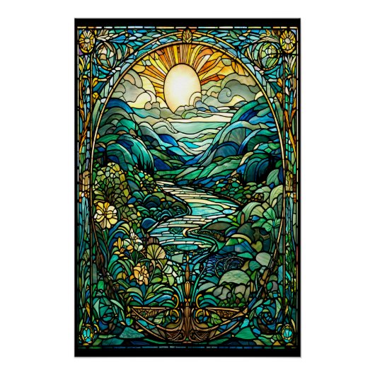 アールヌーボーステンドグラス日の出の風景アート ポスター (正面)