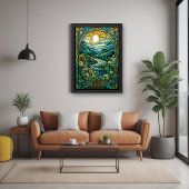 アールヌーボーステンドグラス日の出の風景アート ポスター