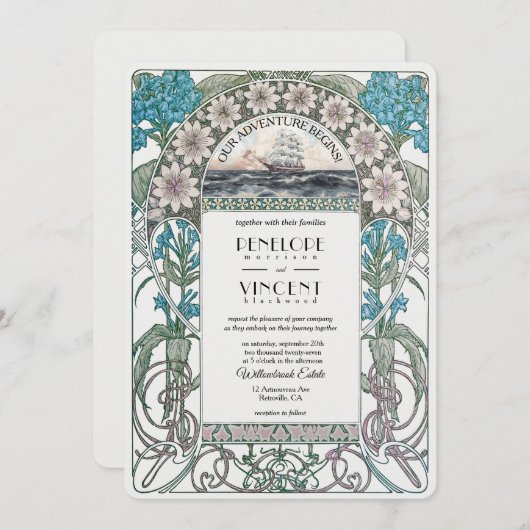 アールヌーボーセイル遠くに結婚式招待状 招待状 (正面/裏面)