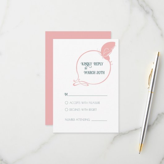 アールヌーボーダスティピンクヴィンテージバタフライ結婚ズ 出欠カード (正面/裏面インサイチュ)