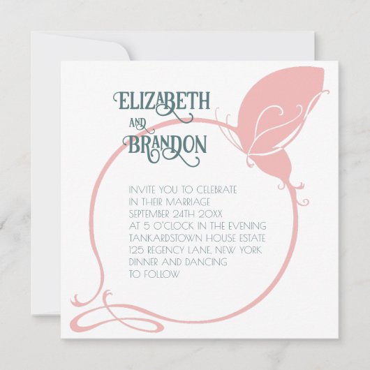 アールヌーボーダスティピンクヴィンテージバタフライ結婚ズ 招待状 (正面)