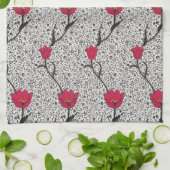 アールヌーボーチューリップダマスクグレーとレッド キッチンタオル (折り畳み)