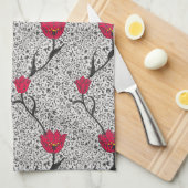 アールヌーボーチューリップダマスクグレーとレッド キッチンタオル (四つ折り)