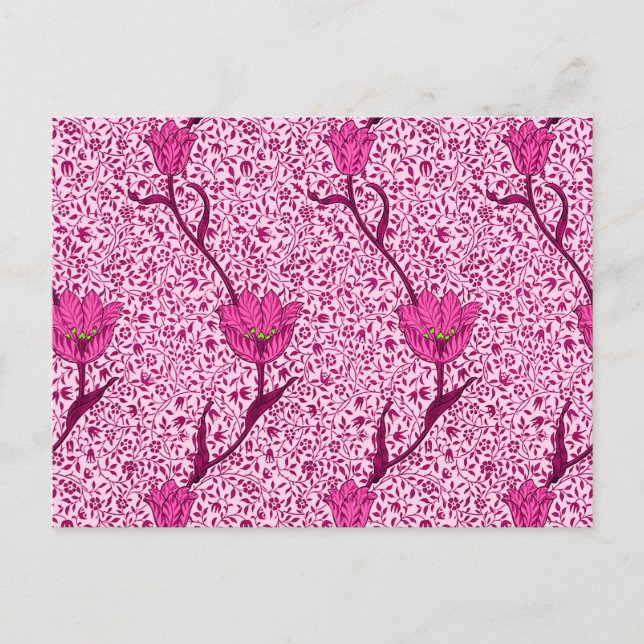 アールヌーボーチューリップダマスクワイン&明るい赤紫色ピンク ポストカード (正面)
