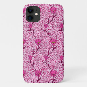 アールヌーボーチューリップダマスクワイン&明るい赤紫色ピンク iPhone 11 ケース