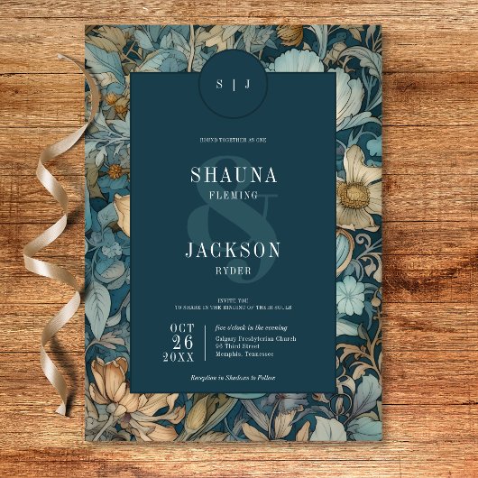 アールヌーボーティール（緑がかった色）ウィリアム結婚モリスフローラ 招待状