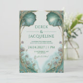 アールヌーボーティール(緑がかった色)&金ゴールド結婚フローラ 招待状 (スタンド正面)