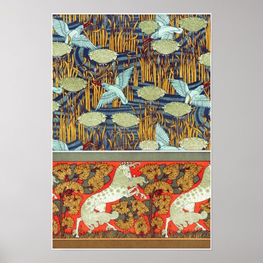アールヌーボーテキスタイルのカワセミ馬ヴェルヌイユ ポスター (正面)