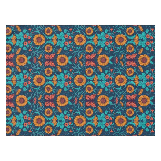 アールヌーボーデイジーの青と黄色 テーブルクロス (正面(横))