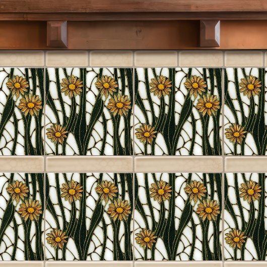アールヌーボーデイジーシームレスな白い緑の花模様 タイル