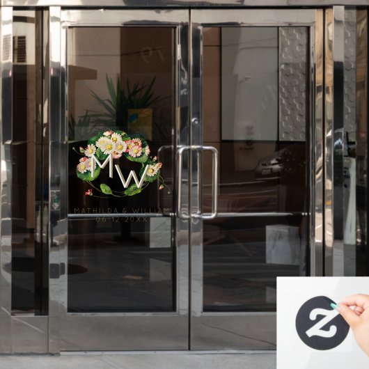 アールヌーボーデイジーリースモノグラムをパーソナライズ ウィンドウサイン (オフィスドア)