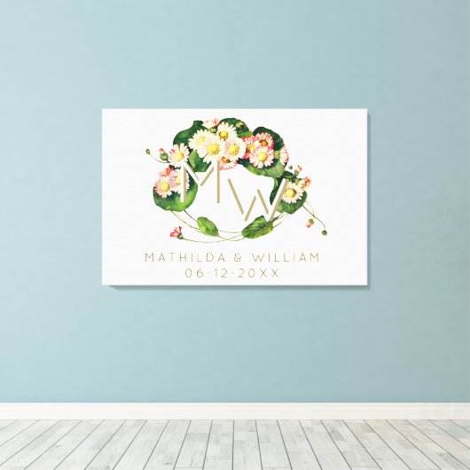 アールヌーボーデイジーリースモノグラムをパーソナライズ キャンバスプリント (インサイチュ (ウッドフロア))