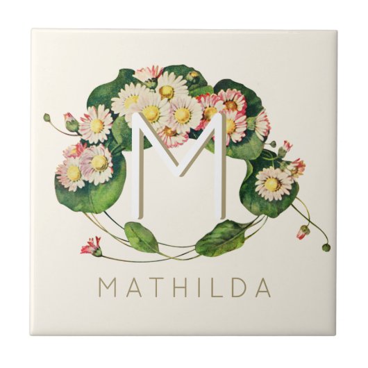 アールヌーボーデイジーリースモノグラムをパーソナライズ タイル (正面)