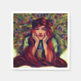 アールヌーボーデコ女性クジャクエレガントの羽 スタンダードカクテルナプキン