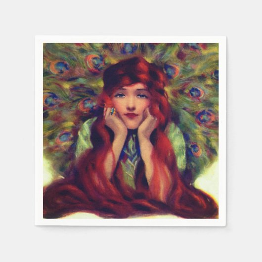 アールヌーボーデコ女性クジャクエレガントの羽 スタンダードカクテルナプキン (正面)