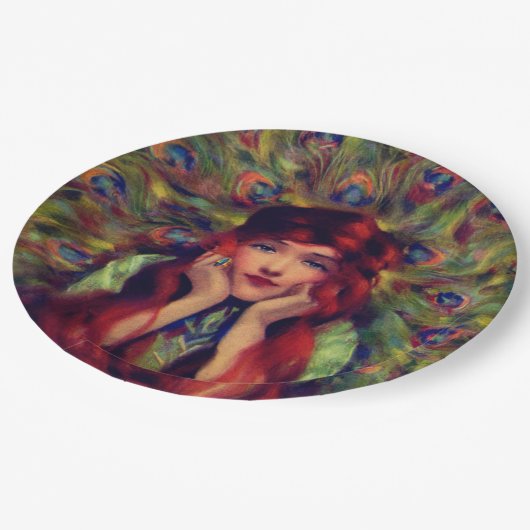 アールヌーボーデコ女性クジャクエレガントの羽 ペーパープレート (アングル)