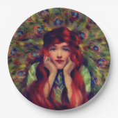 アールヌーボーデコ女性クジャクエレガントの羽 ペーパープレート (正面)