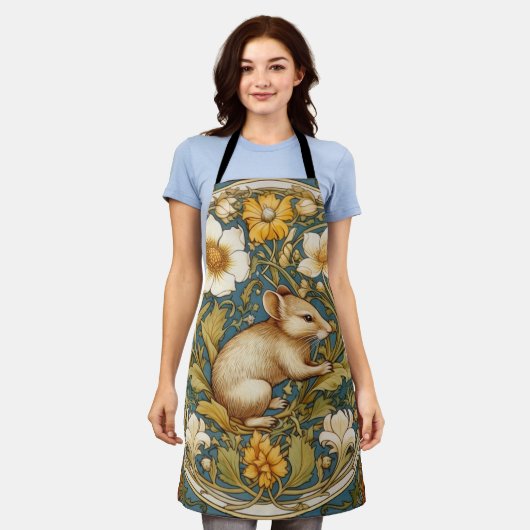 アールヌーボーネズミと花 エプロン (着用した状態)