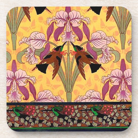 アールヌーボーハミングバードとフラワーバーニュイル コースター (正面)