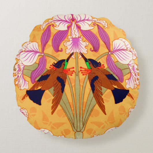 アールヌーボーハミングバードとランの花 ラウンドクッション (正面)