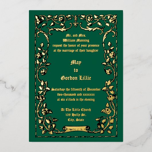 アールヌーボーバラスクロール縁どの結婚フローラ 箔招待状 (正面)