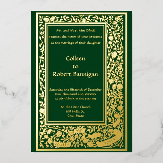 アールヌーボーバラ縁ど結婚つる植物 箔招待状 (正面)