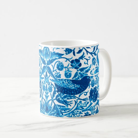 アールヌーボーバードアンドフラワータペストリー、ブルー&ホワイト コーヒーマグカップ (正面右)