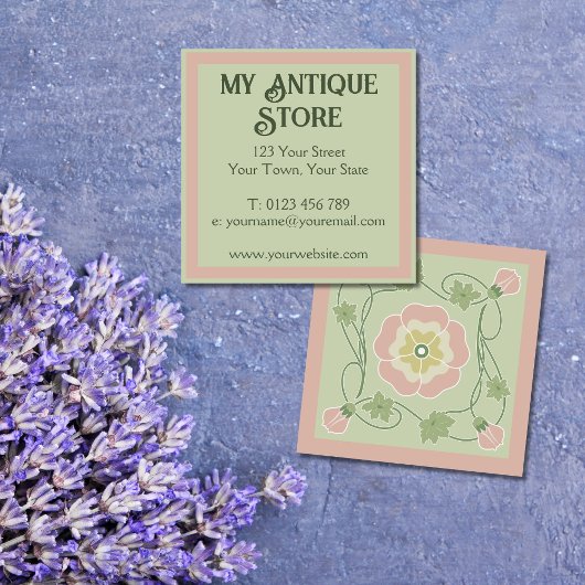 アールヌーボーパステルピンクグリーンスクエア名刺 スクエア名刺