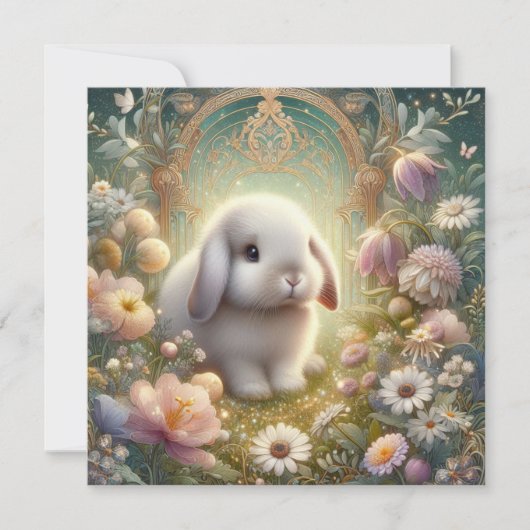 アールヌーボーパステルフラワーガーデンベビーバニーイースター シーズンカード (正面)