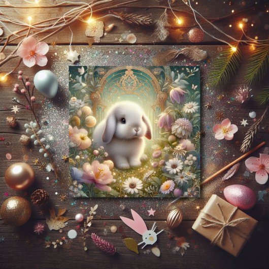 アールヌーボーパステルフラワーガーデンベビーバニーイースター シーズンカード