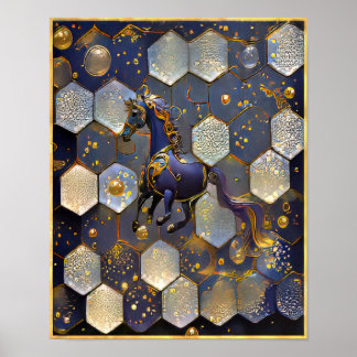 アールヌーボーパープル金ゴールドファンタジーホースデザイン ポスター