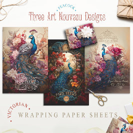 アールヌーボービクトリアンヴィンテージフローラ孔雀 ラッピングペーパーシート