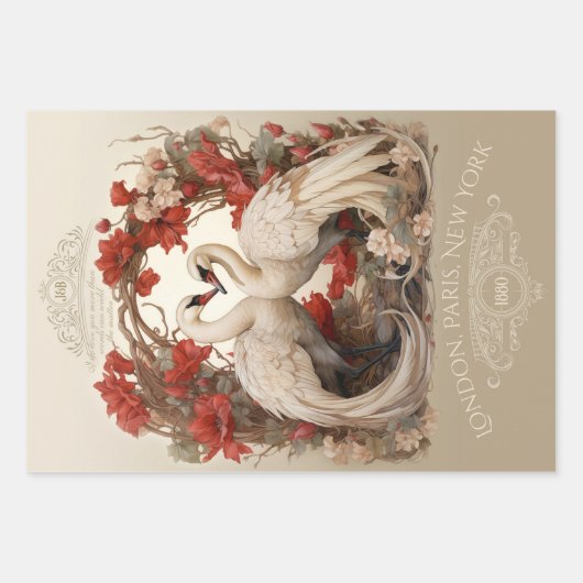 アールヌーボービクトリアンヴィンテージフローラ白鳥 ラッピングペーパーシート (正面)