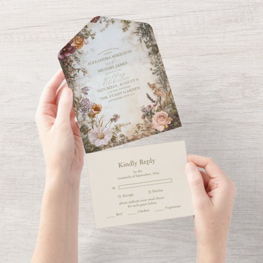 アールヌーボービクトリアン王室の結婚フローラ オールインワン招待状 (貼ってはがせる)