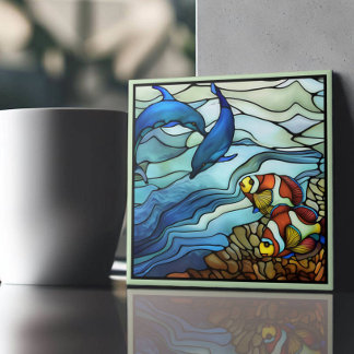 アールヌーボーピエロ魚とイルカのステンドグラス タイル