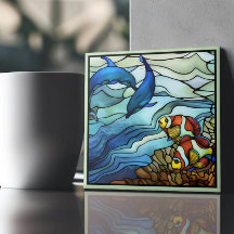 アールヌーボーピエロ魚とイルカのステンドグラス